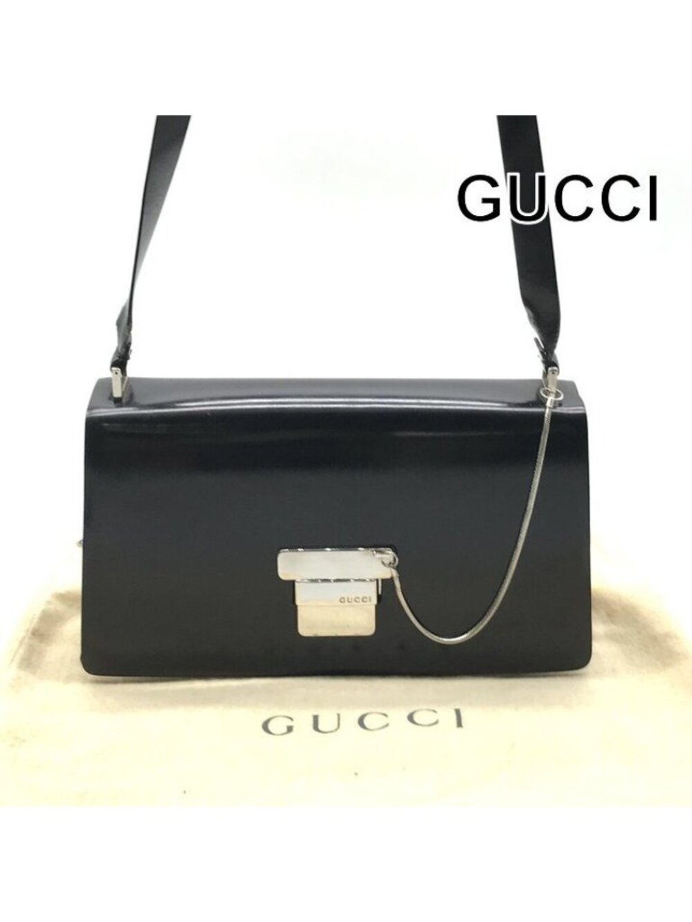 Gucci Shoulder Bag Crossbody Leather Black Metal Plate Simple